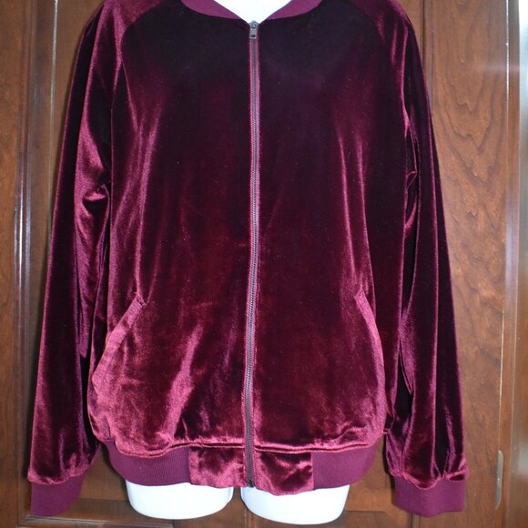 Aqua Burgundy Red Velvet Bomber Jacket Size Medium Full Zip Soft Retro Chic - Picture 5 of 10